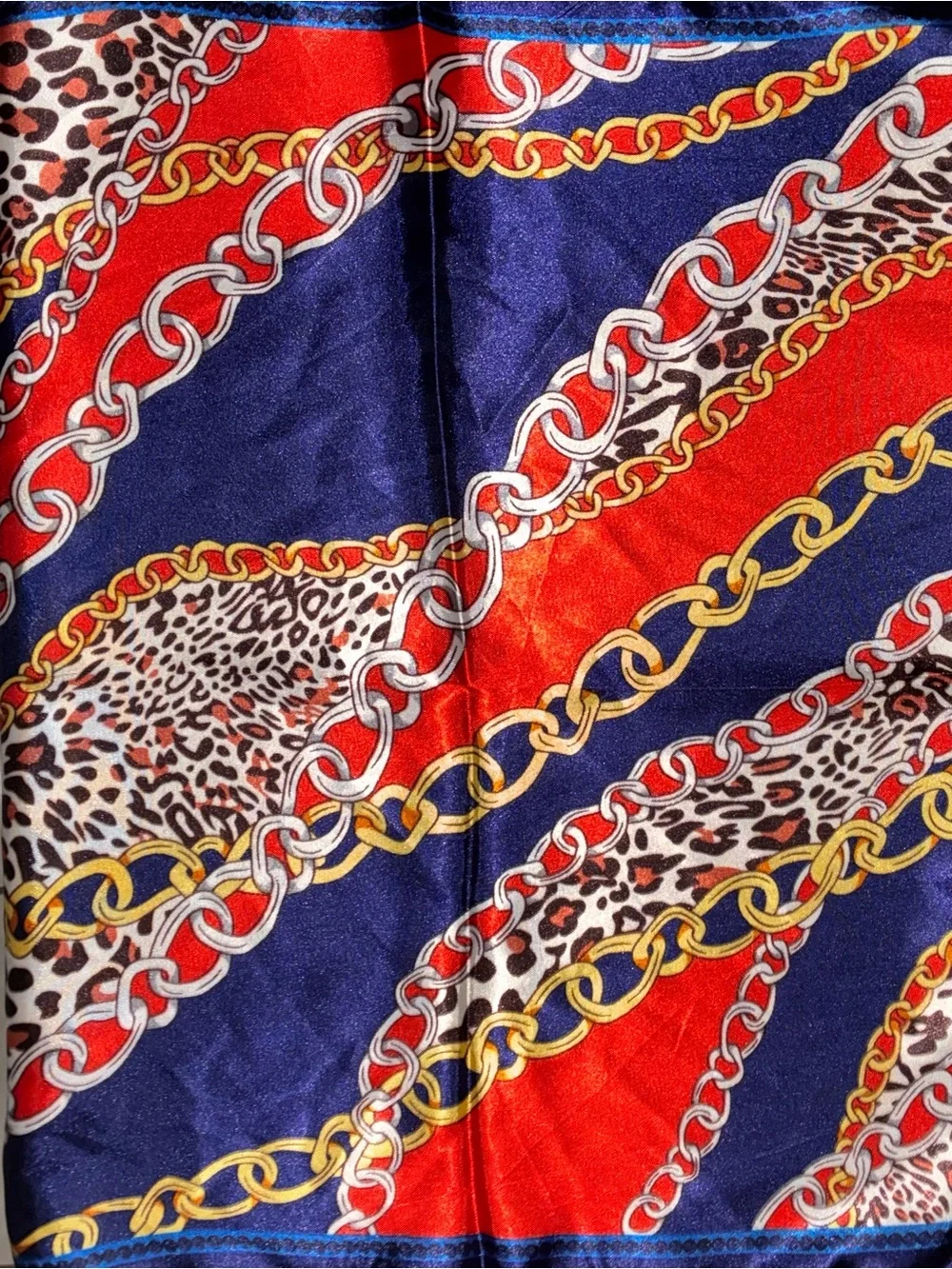 Vintage Chain & Leopard Print Scarf | Navy Blue & Red Silk-Feel